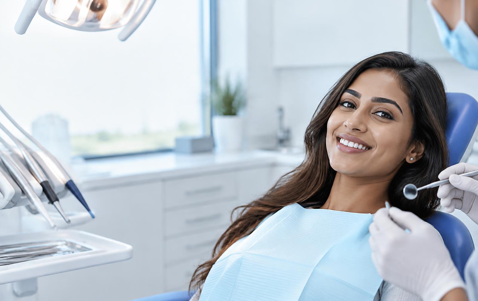 Illustrative dental photography of a smiling patient in a dental chair